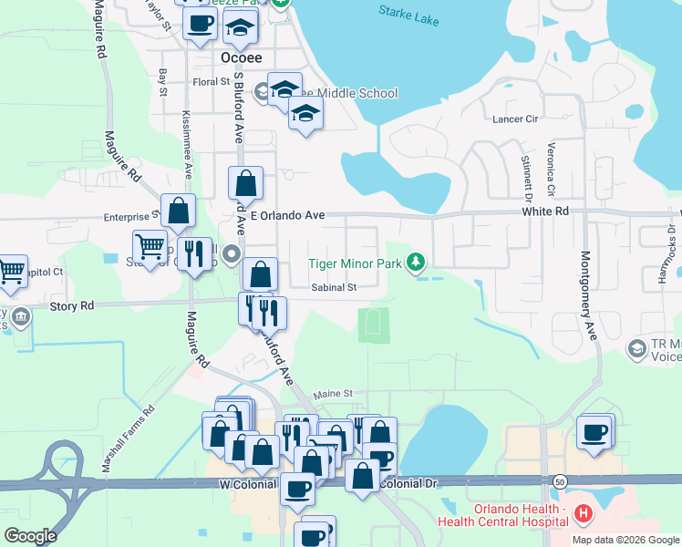 map of restaurants, bars, coffee shops, grocery stores, and more near 617 Banderas Avenue in Ocoee