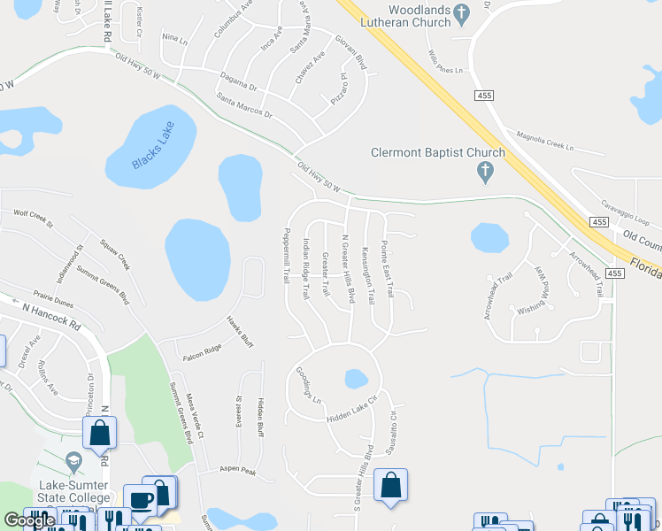 map of restaurants, bars, coffee shops, grocery stores, and more near 15649 Greater Trail in Clermont