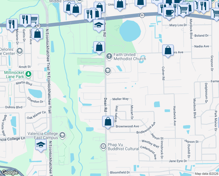map of restaurants, bars, coffee shops, grocery stores, and more near 1117 North Dean Road in Orlando