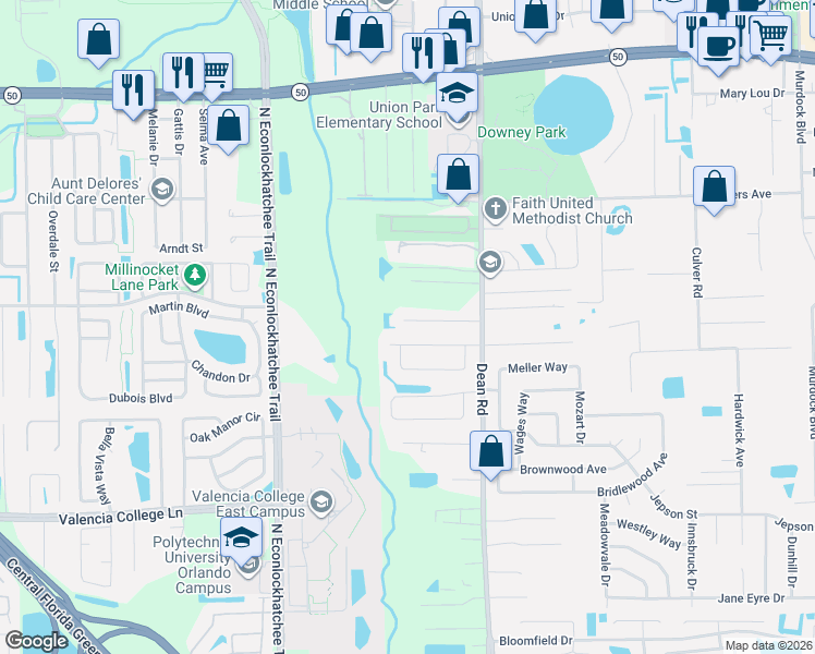 map of restaurants, bars, coffee shops, grocery stores, and more near 9811 Dean Acre Drive in Orlando