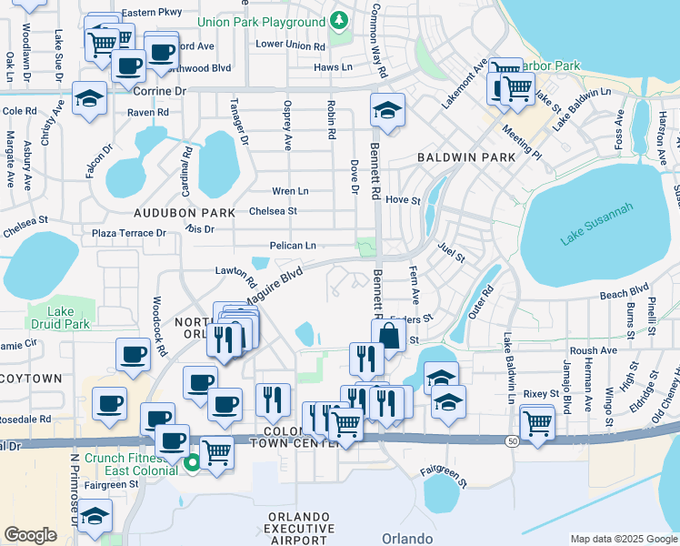 map of restaurants, bars, coffee shops, grocery stores, and more near 4000 Maguire Boulevard in Orlando