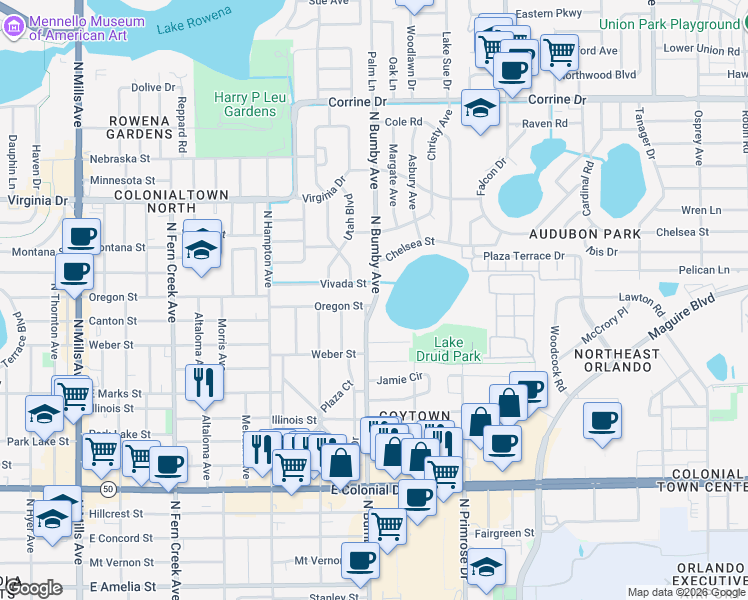 map of restaurants, bars, coffee shops, grocery stores, and more near 1034 North Bumby Avenue in Orlando