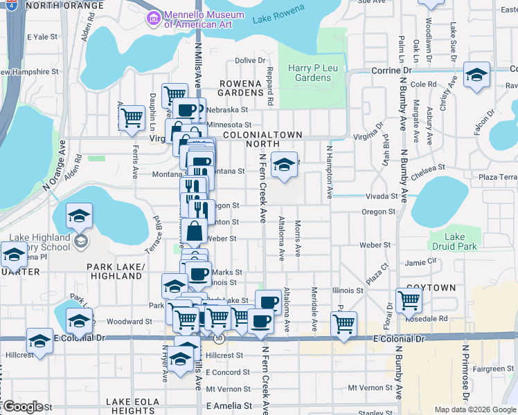 map of restaurants, bars, coffee shops, grocery stores, and more near 1041 North Fern Creek Avenue in Orlando