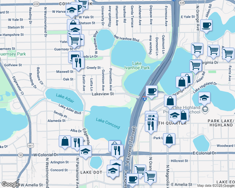 map of restaurants, bars, coffee shops, grocery stores, and more near 392 Lakeview Street in Orlando