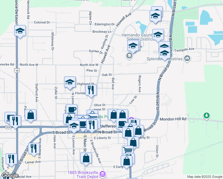 map of restaurants, bars, coffee shops, grocery stores, and more near 34 Alta Vista Street in Brooksville
