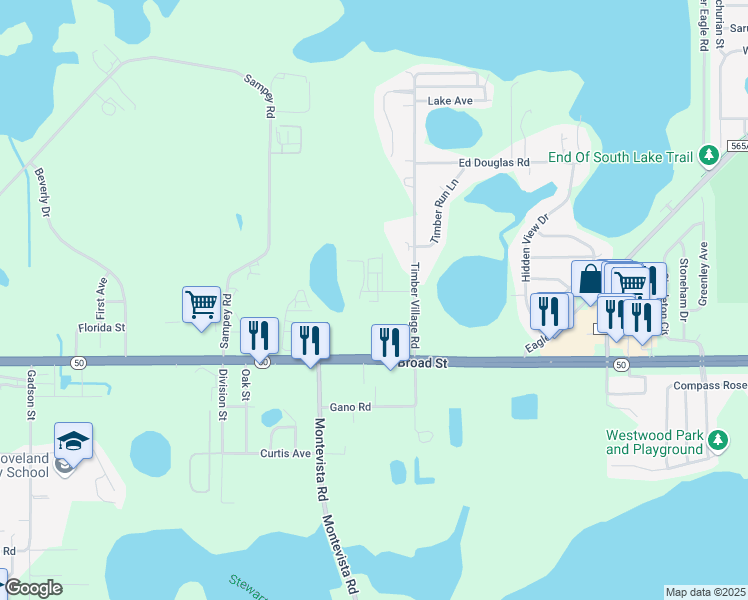 map of restaurants, bars, coffee shops, grocery stores, and more near 122 Sourwood Lane in Groveland