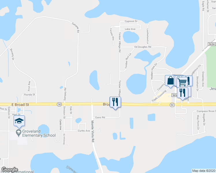 map of restaurants, bars, coffee shops, grocery stores, and more near 122 Sourwood Lane in Groveland