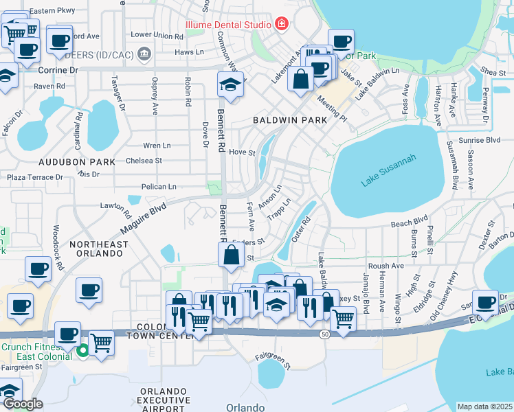 map of restaurants, bars, coffee shops, grocery stores, and more near 4674 Enders Street in Orlando
