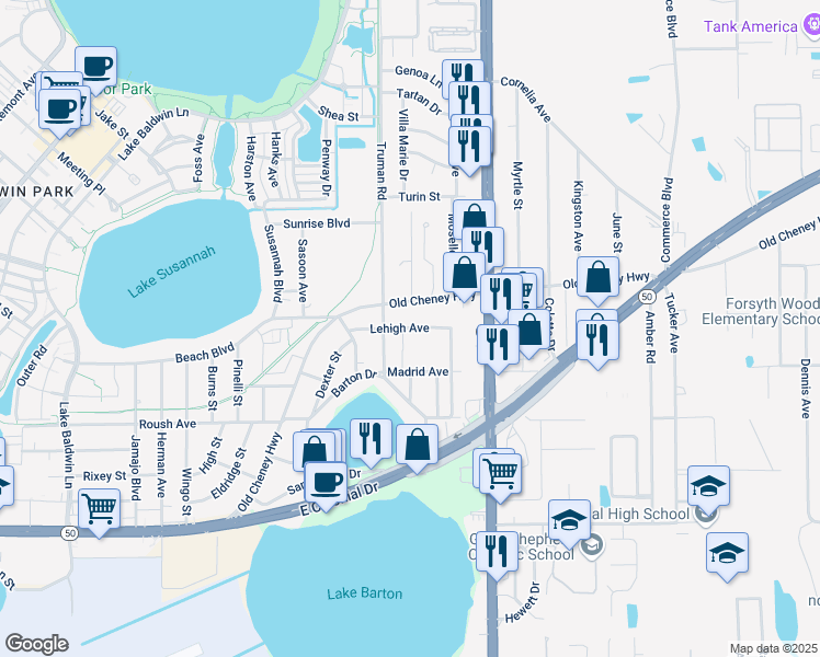 map of restaurants, bars, coffee shops, grocery stores, and more near 5536 Lehigh Avenue in Orlando