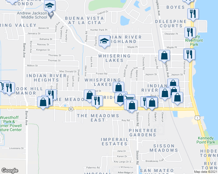 map of restaurants, bars, coffee shops, grocery stores, and more near 835 Delano Road in Titusville