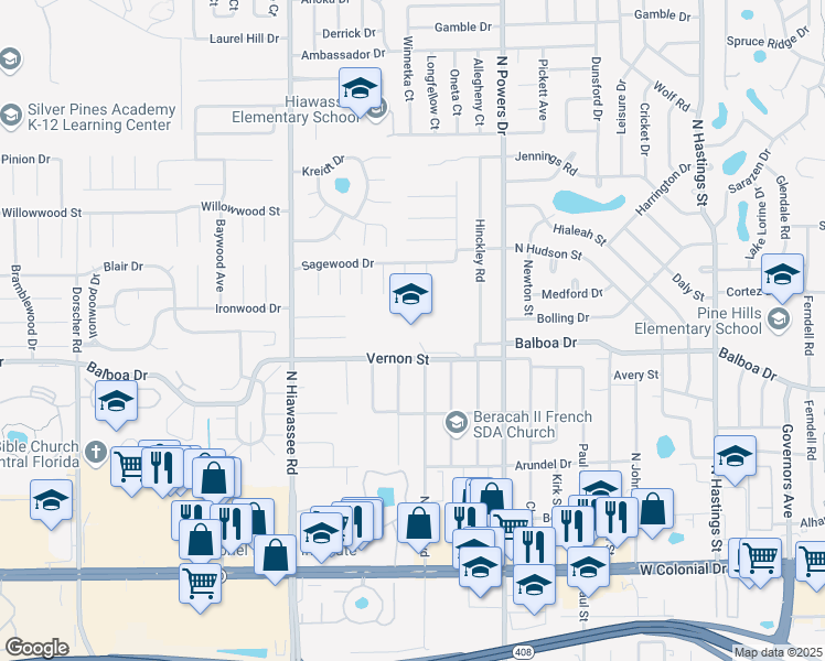 map of restaurants, bars, coffee shops, grocery stores, and more near 6305 Balboa Drive in Orlando