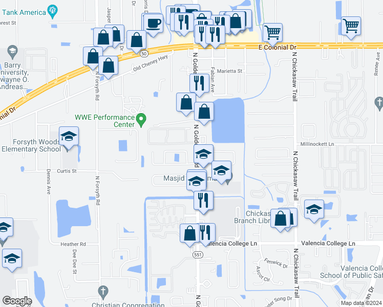 map of restaurants, bars, coffee shops, grocery stores, and more near 1241 Rich Moor Circle in Orlando