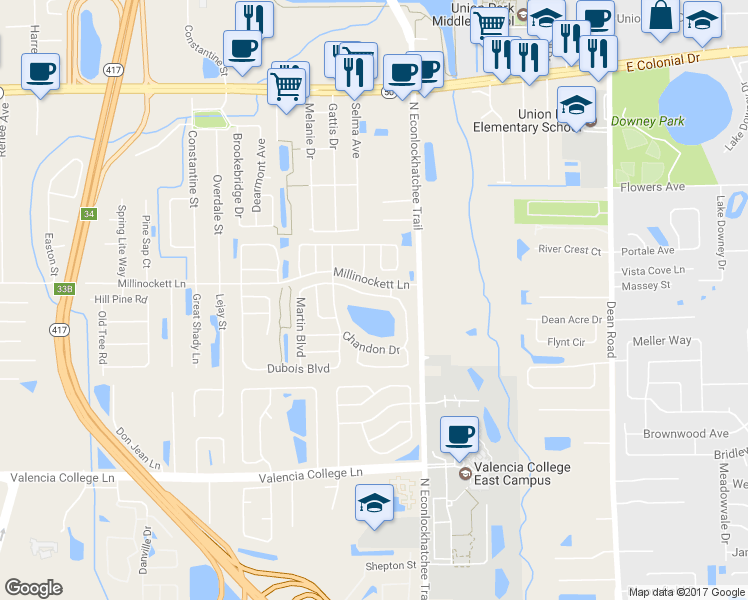 map of restaurants, bars, coffee shops, grocery stores, and more near 1253 Martin Boulevard in Orlando