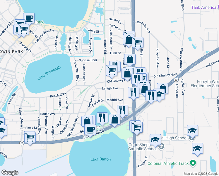 map of restaurants, bars, coffee shops, grocery stores, and more near 1017 Shoreview Drive in Orlando