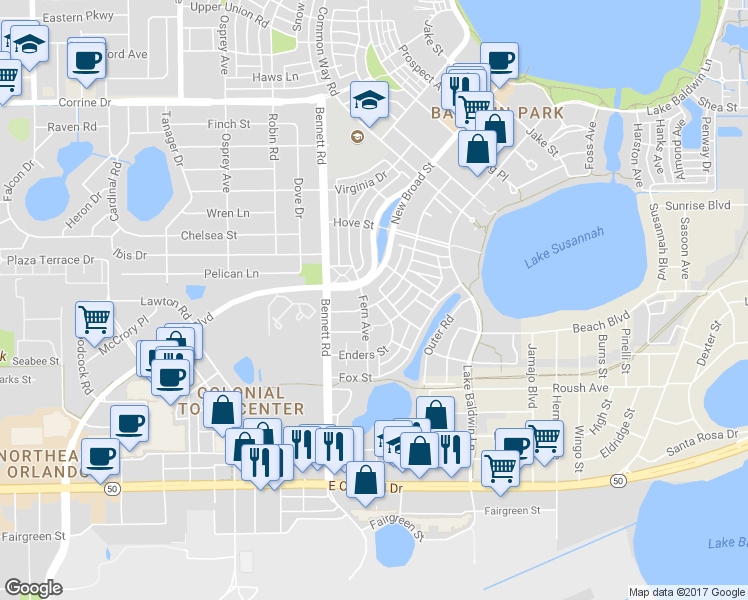 map of restaurants, bars, coffee shops, grocery stores, and more near 4674 Enders Street in Orlando