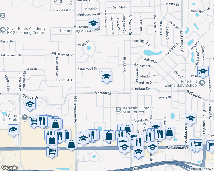 map of restaurants, bars, coffee shops, grocery stores, and more near 1421 North Hart Boulevard in Orlando