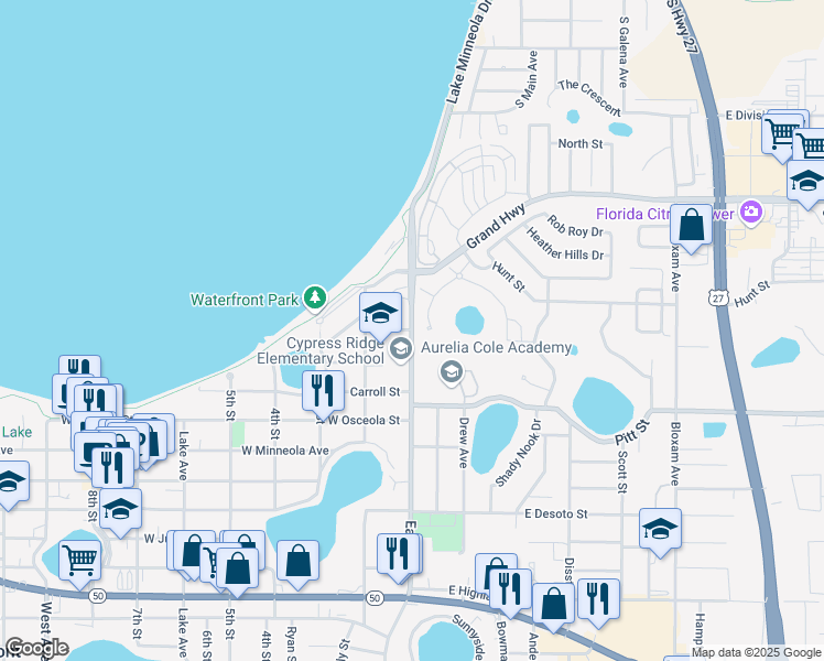 map of restaurants, bars, coffee shops, grocery stores, and more near 301 East Avenue in Clermont