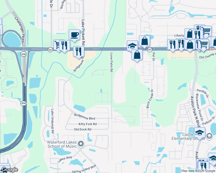 map of restaurants, bars, coffee shops, grocery stores, and more near 1466 Hancock Lone Palm Road in Orlando