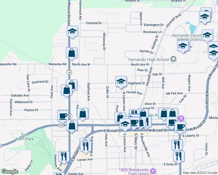 map of restaurants, bars, coffee shops, grocery stores, and more near 416 Zoller Street in Brooksville