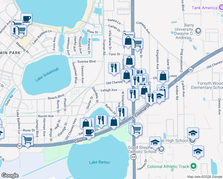 map of restaurants, bars, coffee shops, grocery stores, and more near 5536 Lehigh Avenue in Orlando