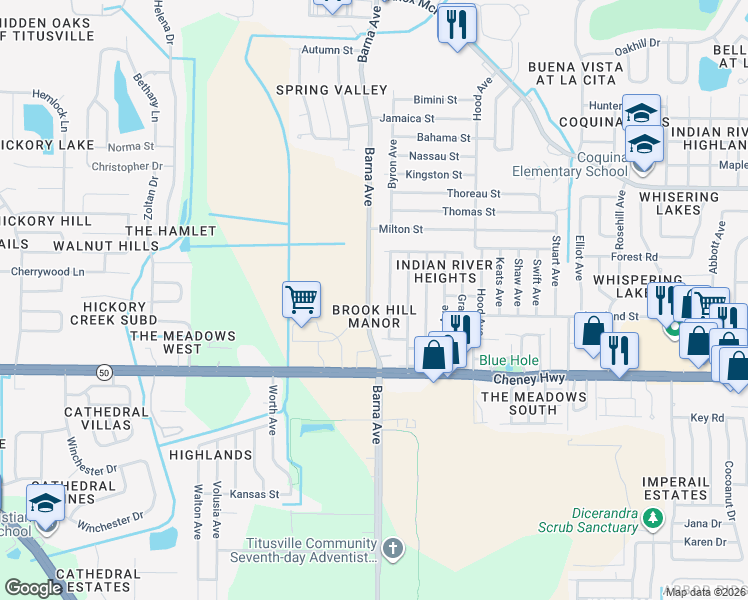map of restaurants, bars, coffee shops, grocery stores, and more near 4507 Barna Avenue in Titusville