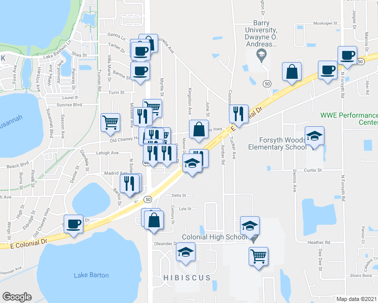 map of restaurants, bars, coffee shops, grocery stores, and more near 5931 East Colonial Drive in Orlando