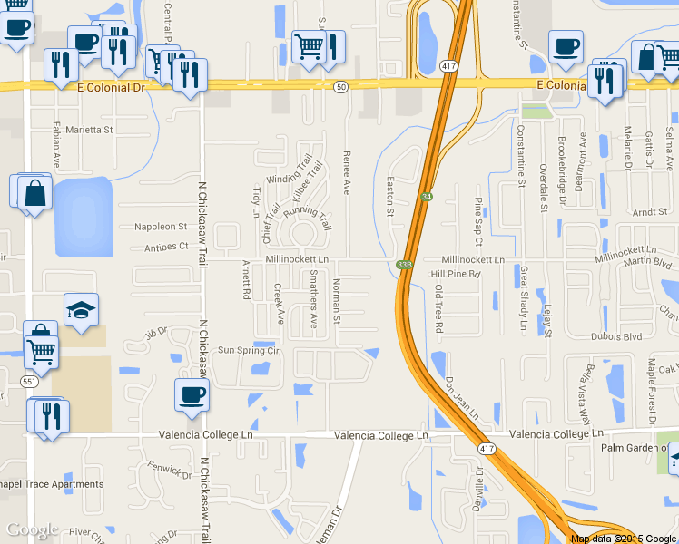 map of restaurants, bars, coffee shops, grocery stores, and more near 1261 Sanderlin Avenue in Orlando