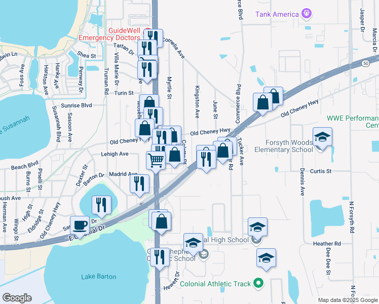 map of restaurants, bars, coffee shops, grocery stores, and more near 5931 East Colonial Drive in Orlando