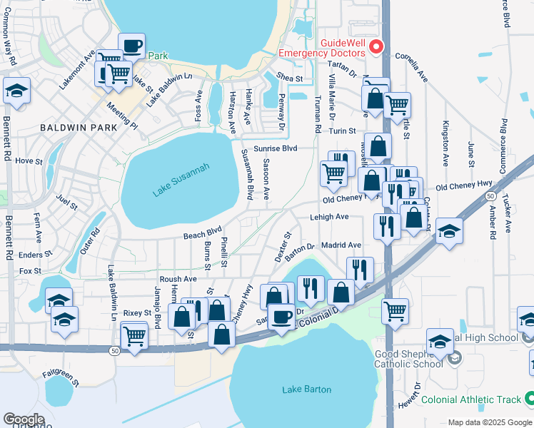 map of restaurants, bars, coffee shops, grocery stores, and more near 5341 Old Cheney Highway in Orlando