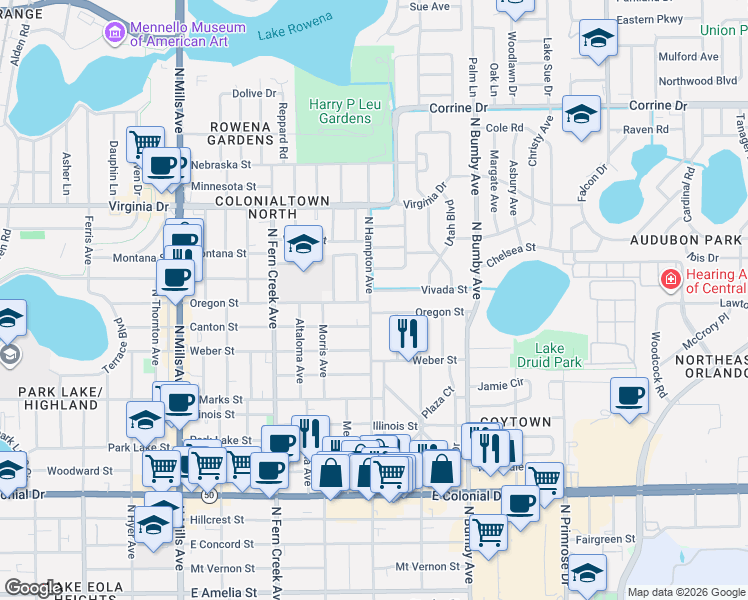 map of restaurants, bars, coffee shops, grocery stores, and more near 2016 Oregon Street in Orlando