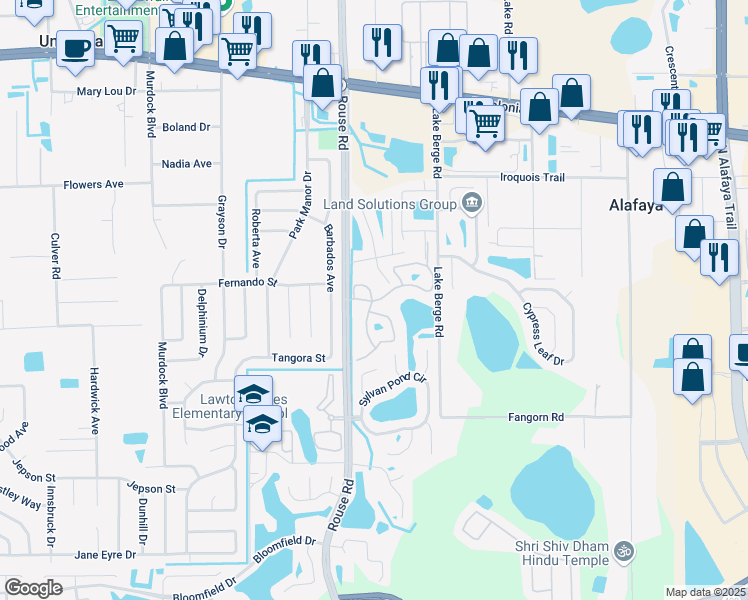 map of restaurants, bars, coffee shops, grocery stores, and more near 11100 Point Sylvan Circle in Orlando
