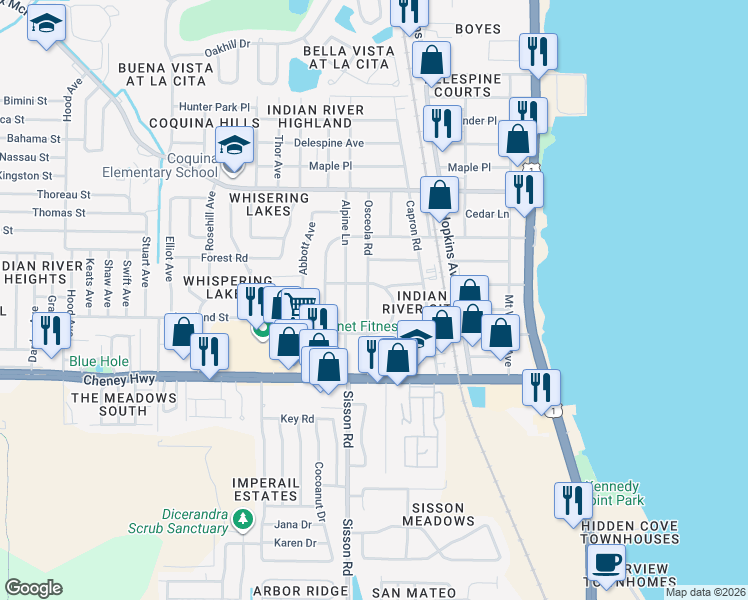 map of restaurants, bars, coffee shops, grocery stores, and more near 4445 Osceola Road in Titusville
