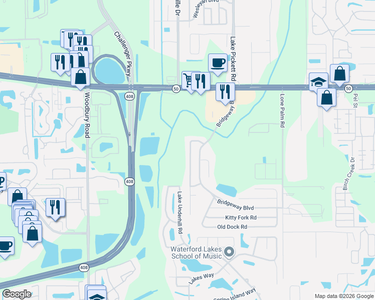 map of restaurants, bars, coffee shops, grocery stores, and more near 1107 Cherry Valley Way in Orlando