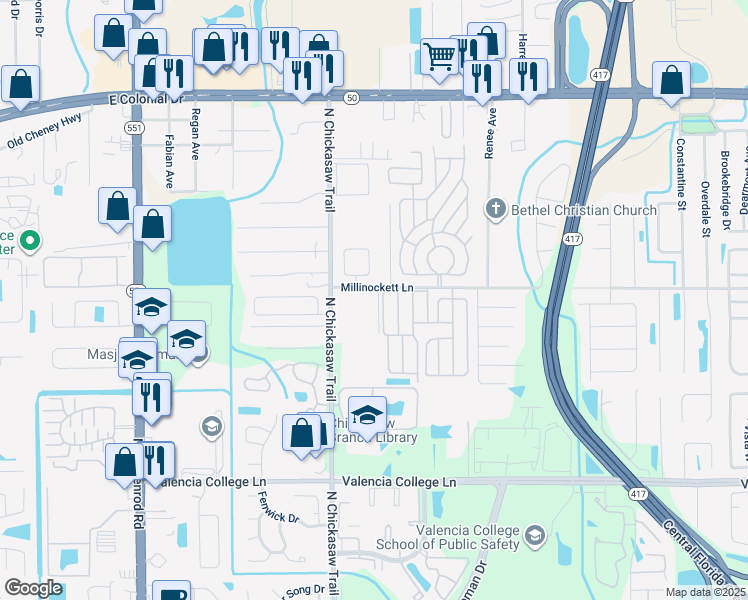 map of restaurants, bars, coffee shops, grocery stores, and more near 8208 Millinockett Lane in Orlando