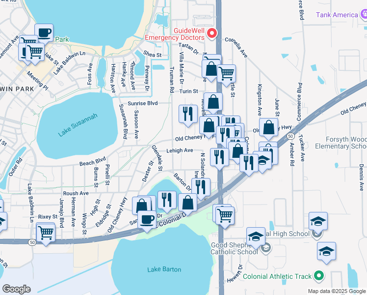 map of restaurants, bars, coffee shops, grocery stores, and more near 5536 Lehigh Avenue in Orlando