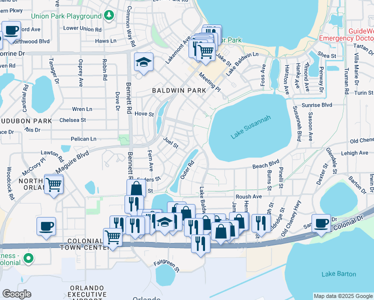 map of restaurants, bars, coffee shops, grocery stores, and more near 4709 Fox Street in Orlando