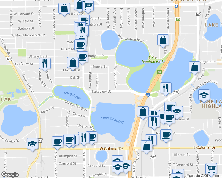 map of restaurants, bars, coffee shops, grocery stores, and more near 500 Lakeview Street in Orlando