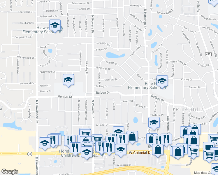 map of restaurants, bars, coffee shops, grocery stores, and more near 6121 Balboa Drive in Orlando