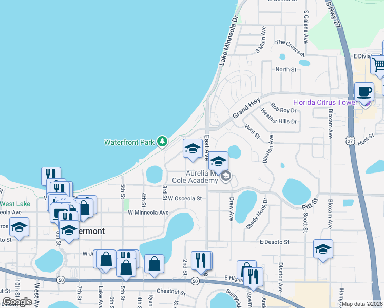 map of restaurants, bars, coffee shops, grocery stores, and more near 350 East Avenue in Clermont