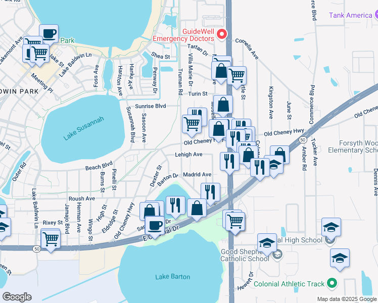 map of restaurants, bars, coffee shops, grocery stores, and more near 5513 Lehigh Avenue in Orlando