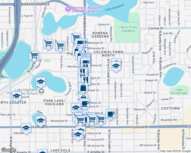 map of restaurants, bars, coffee shops, grocery stores, and more near 1308 Oregon Street in Orlando