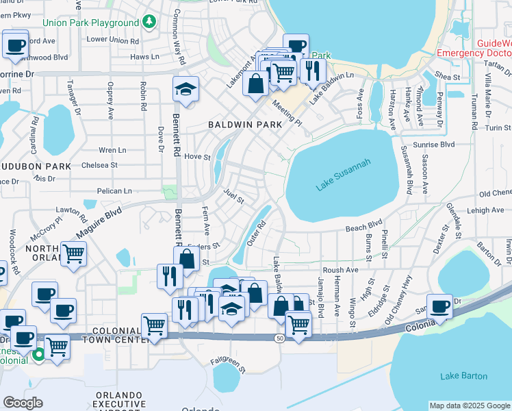 map of restaurants, bars, coffee shops, grocery stores, and more near 4709 Fox Street in Orlando