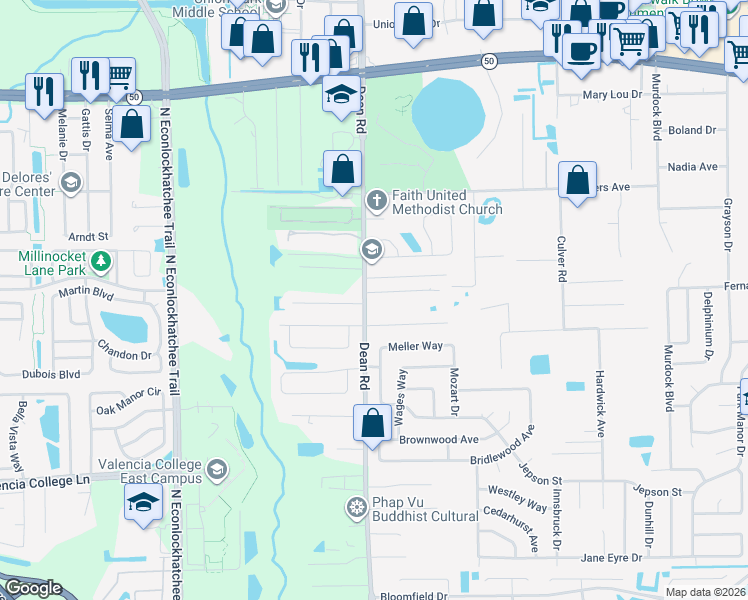 map of restaurants, bars, coffee shops, grocery stores, and more near 1117 North Dean Road in Orlando