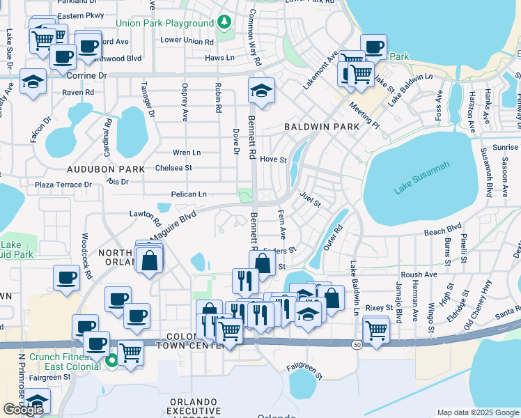 map of restaurants, bars, coffee shops, grocery stores, and more near 4220 New Broad Street in Orlando