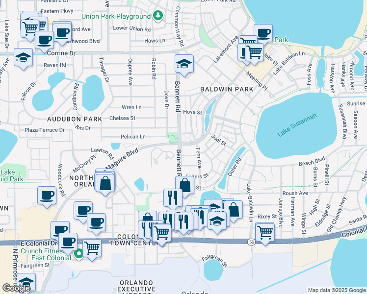map of restaurants, bars, coffee shops, grocery stores, and more near 4237 Anson Lane in Orlando