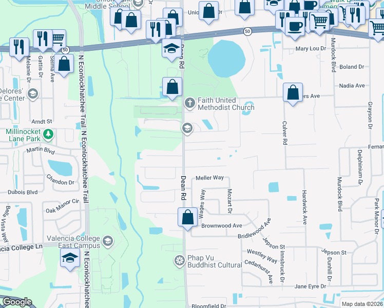 map of restaurants, bars, coffee shops, grocery stores, and more near 1117 North Dean Road in Orlando