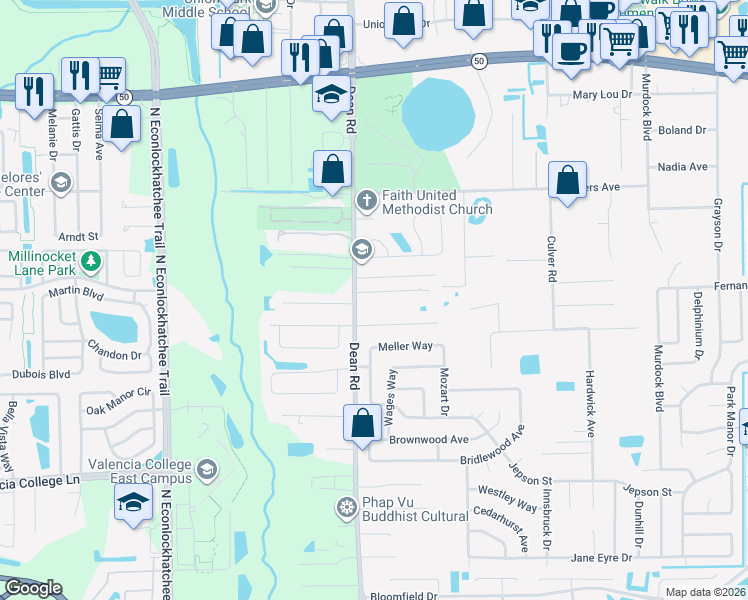 map of restaurants, bars, coffee shops, grocery stores, and more near 1117 North Dean Road in Orlando
