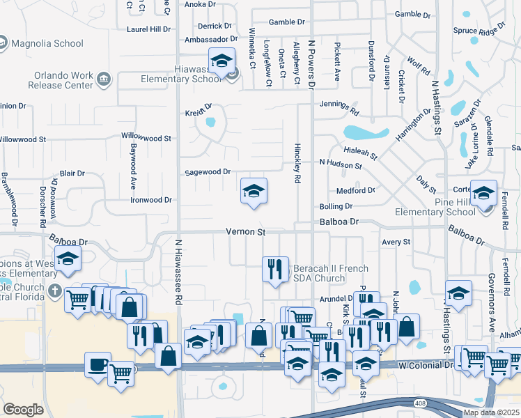 map of restaurants, bars, coffee shops, grocery stores, and more near 6305 Balboa Drive in Orlando