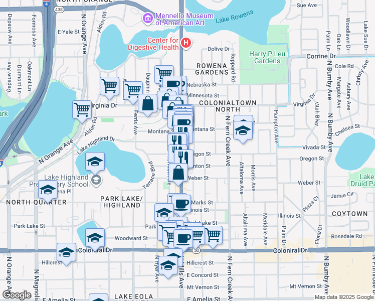 map of restaurants, bars, coffee shops, grocery stores, and more near 1213 Oregon Street in Orlando