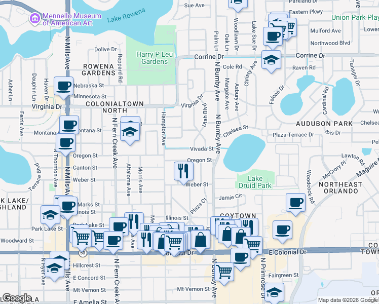map of restaurants, bars, coffee shops, grocery stores, and more near 2204 Vivada Street in Orlando